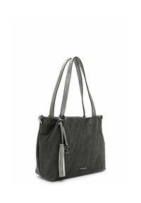 Graue Tragetasche mit strukturierter Oberfläche, doppelten Griffen und einem dekorativen Quastenanhänger. Verfügt über ein seitliches Logo und dezente Nahtdetails.