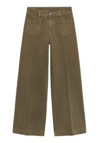 Pantalons à larges jambes en coton vert kaki, dotés de deux poches arrière, d'une fermeture à bouton et d'une finition en tissu texturé.
