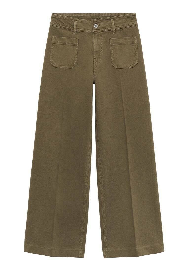 Pantalons à larges jambes en coton vert kaki, dotés de deux poches arrière, d'une fermeture à bouton et d'une finition en tissu texturé.