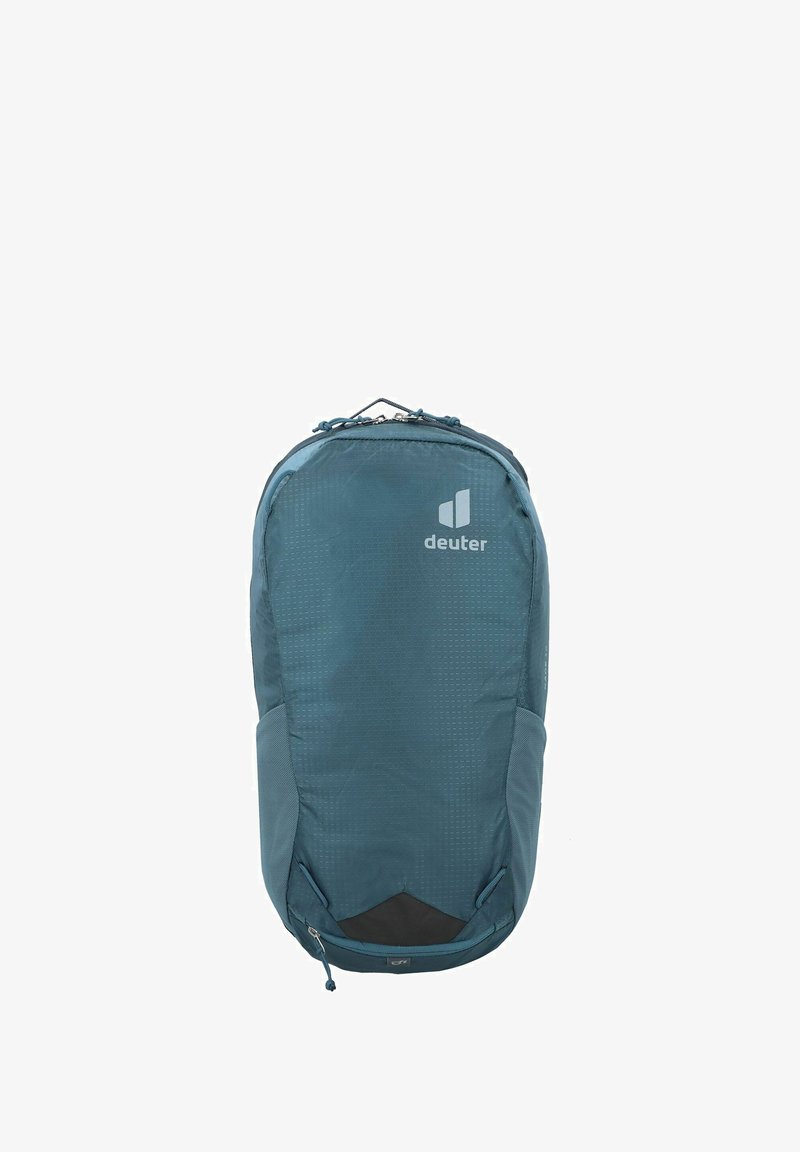 Teal backpack with a smooth texture, featuring a zippered top, black bottom panel, and a logo on the front. Lightweight and sleek design.