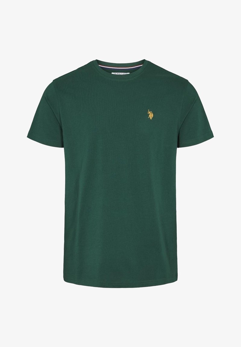 T-shirt en coton vert avec un col rond, des manches courtes et un petit logo doré sur la partie gauche de la poitrine. Texture douce, coupe décontractée.