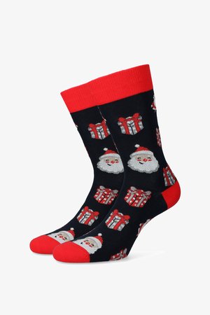 Czarne skarpetki z czerwonymi akcentami mają twarz Świętego Mikołaja oraz różne wzory z pudełkami prezentowymi, zrobione z miękkiego materiału z prążkowanym mankietem.