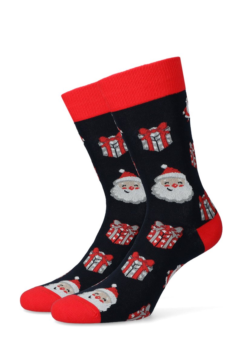 Czarne skarpetki z czerwonymi akcentami mają twarz Świętego Mikołaja oraz różne wzory z pudełkami prezentowymi, zrobione z miękkiego materiału z prążkowanym mankietem.