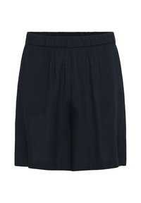 Navy blue linen shorts with an elastic waistband, wide leg design, and no pockets, featuring a soft, textured fabric.