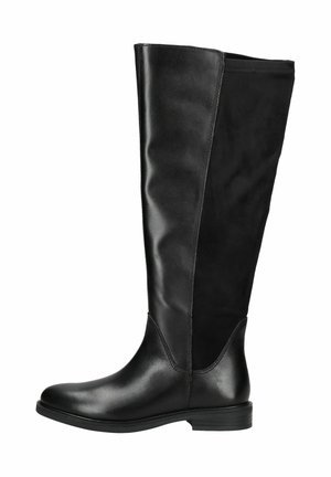 Schwarzer kniehoher Damenstiefel mit glattem Leder vorne und Wildleder hinten, flachem Absatz und abgerundeter Spitze, seitlich dargestellt.
