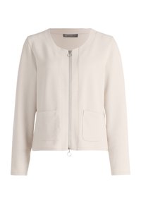Light beige zip-up jacket made of textured fabric. Features a round neckline, two front pockets, and a silver zipper detail.