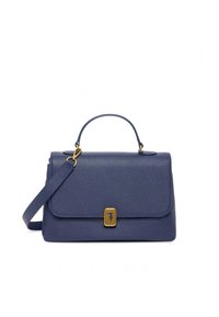Borsa rigida blu navy in pelle testurizzata con manico superiore e tracolla rimovibile, caratterizzata da una chiusura con dettaglio in metallo color oro.