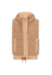 Beige ärmellose Weste mit einem kuscheligen Obermaterial, gefütterter Kapuze und verstellbarem Kordelzug in der Taille. Mit einem Vorderreißverschluss und zwei Seitentaschen ausgestattet.