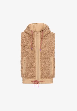 Beige ærmeløs vest med en fuzzy tekstureret yderflade, foret hætte og justerbar snoreliv. Har frontlynlås og to sidelommer.