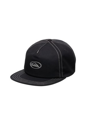 Black cap with a stiff, flat brim and contrasting white stitching. Features a prominent silver logo on the front panel. Made of fabric material.