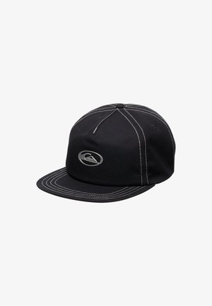 Black cap with a stiff, flat brim and contrasting white stitching. Features a prominent silver logo on the front panel. Made of fabric material.