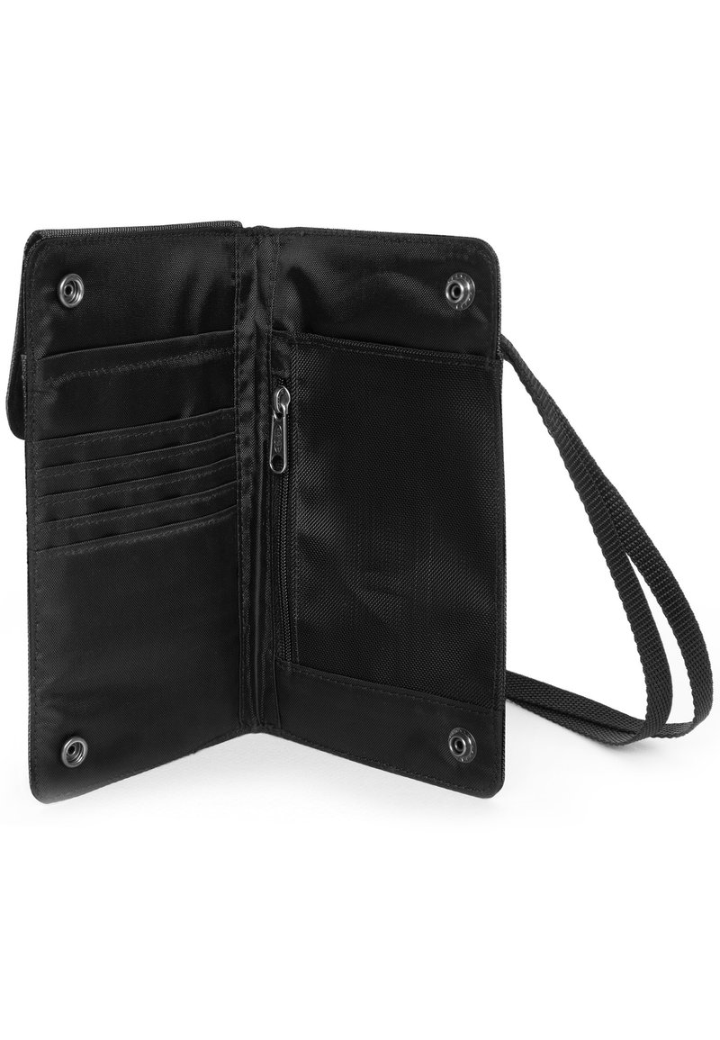 Portefeuille en tissu noir avec une finition texturée, comportant des emplacements pour cartes de crédit, une poche zippée et une bandoulière détachable. Design ouvert montrant l'intérieur.
