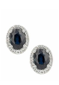 Ovaalsed kõrvarõngad, mille keskel on tumesinise vääriskiviga ja mida ümbritsevad väikesed läbipaistvad kivid, paigutatud hõbedatooni metallraami.