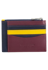 Leather wallet in burgundy, navy, and yellow. Features card slots and a zippered pocket. Smooth texture with contrasting color accents.