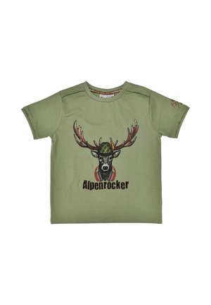 Light green short-sleeve shirt with a deer wearing a green hat and red headphones, text "Alpenrocker" below the deer.