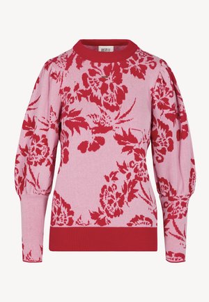 Roze trui met rood bloemenpatroon, pofmouwen en geribbelde rode halslijn en manchetten. Gemaakt van gebreide stof, met een getailleerd ontwerp.