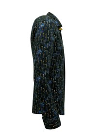 Overhemd met knoopsluiting in donkerblauwe stof met een glanzende textuur, voorzien van een goudsleutelpatroon dat over het hele shirt verspreid is. Klassieke kraag en lange mouwen.