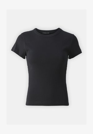 Svart ribbad t-shirt med rund halsringning och korta ärmar, med en åtsittande silhuett och slät textur. Enkel design, utan mönster.