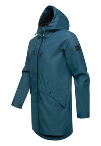 Teal vandtæt jakke med frontlynlås, justerbar snorehætte, sidelomme og en glat tekstur. Sort indvendig foring.