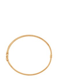 Złota bransoletka w formie bangla z gładkim, zaokrąglonym wzorem i skręconą teksturą. Zabezpieczone zapięcie po jednej stronie.