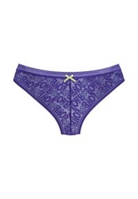 Purple lace thong featuring "LOVE" text pattern, scalloped edges, and a contrasting yellow bow at the front center.