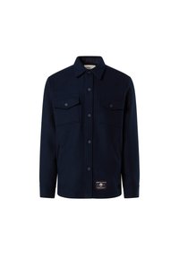 Veste bleu marine à boutons, confectionnée en mélange de laine, avec deux poches poitrine, un col pointu et une étiquette cousue en bas à gauche.