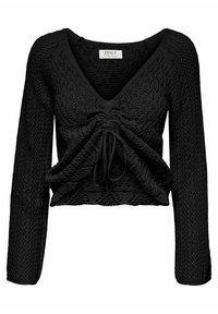 Pull noir court avec une encolure en V, des manches longues et un tissu tricoté texturé. Doté d'un cordon de serrage à l'avant pour un ajustement réglable.