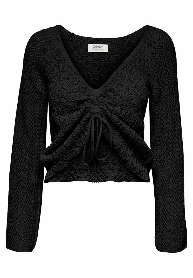 Pull noir court avec une encolure en V, des manches longues et un tissu tricoté texturé. Doté d'un cordon de serrage à l'avant pour un ajustement réglable.