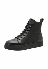 Black high-top sneakers made from smooth leather, featuring a round toe, lace-up front, and a textured rubber sole.