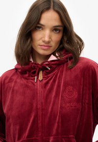 Hoodie en velours bordeaux avec une capuche à cordon, une poche avant et un logo brodé. Présente une texture lisse et un léger éclat.