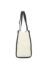 Canvas tote bag in off-white with dark blue trim. Features two long handles and an open top. Simple, rectangular shape with no patterns.