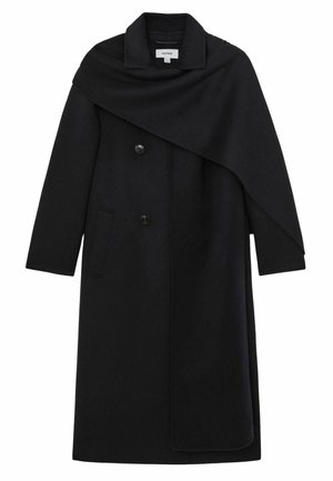 Schwarzer langer Wollmantel mit asymmetrischer Überwurfkapuze, Reverskragen, zwei Knöpfen auf der Vorderseite und seitlichen Taschen.