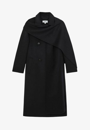 Schwarzer langer Wollmantel mit asymmetrischer Überwurfkapuze, Reverskragen, zwei Knöpfen auf der Vorderseite und seitlichen Taschen.