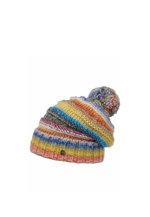 Multicolored knitted beanie with horizontal stripes and a pom-pom on top, featuring a small round metal logo near the rim.