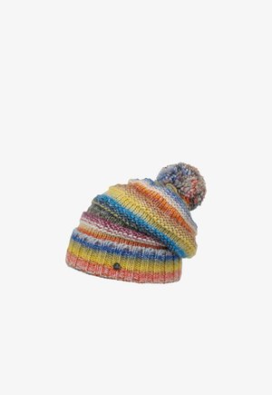 Multicolored knitted beanie with horizontal stripes and a pom-pom on top, featuring a small round metal logo near the rim.
