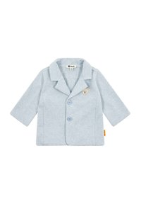 Blazer in cotone azzurro chiaro con colletto a punte, due bottoni frontali e una toppa di orsacchiotto sul lato sinistro. Maniche lunghe.