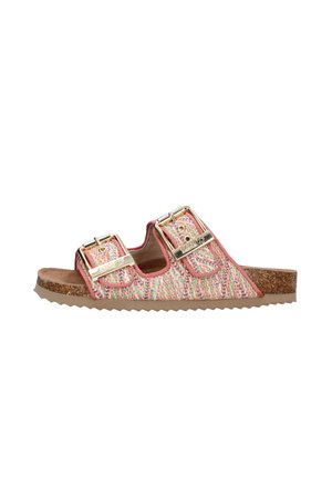 Sandale plate à bout ouvert avec semelle intérieure en liège, brides tissées multicolores, deux boucles dorées et semelle extérieure en caoutchouc rainurée.