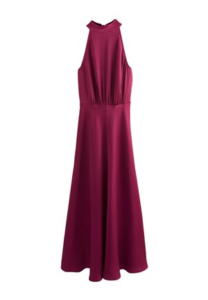 Vestido sin mangas color malva con cuello alto, cintura fruncida y falda fluida. Tela texturizada con un patrón sutil.