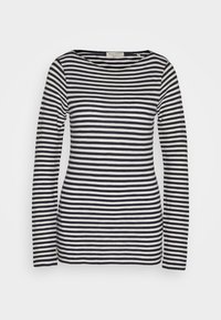 Maglietta a maniche lunghe con righe orizzontali blu navy e bianche, con scollo a barca e tessuto in cotone morbido per un fitting confortevole.