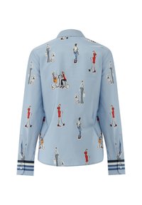 Light blue long-sleeve shirt with varied fashion illustrations. Features a classic collar and contrasting striped cuffs. Smooth texture.