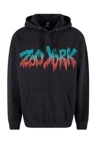 Black hoodie featuring a large, colorful, dripping "Zoo York" graphic in teal and red. Includes a kangaroo pocket and ribbed cuffs.