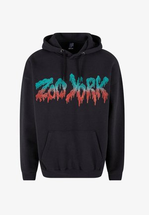 Black hoodie featuring a large, colorful, dripping "Zoo York" graphic in teal and red. Includes a kangaroo pocket and ribbed cuffs.