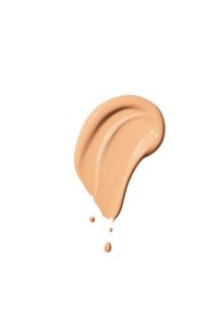 Crème de teinte pêche avec une texture lisse et une finition brillante, présentant des lignes courbes distinctes et de petites gouttes sur un fond blanc.
