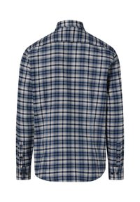 Camicia a maniche lunghe a quadri con motivo a scacchi blu e beige, colletto con bottoni e polsini regolabili. Tessuto in cotone dalla consistenza morbida.