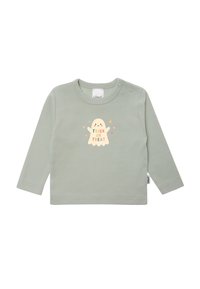 Langärmliges Hemd aus weichem, hellgrünen Baumwollstoff mit einem Geistergrafik und dem Aufdruck "TRICK OR TREAT" in Pastellfarben. Verfügt über Schulterdruckknöpfe.