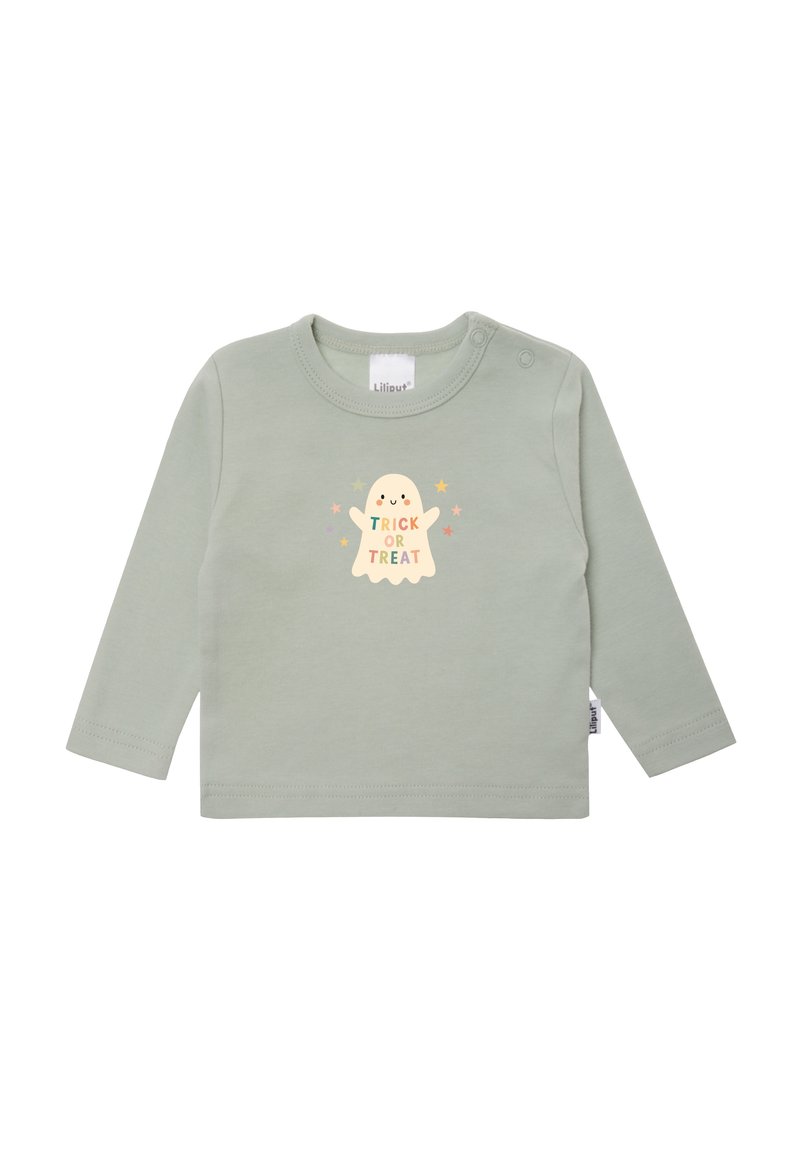 Langärmliges Hemd aus weichem, hellgrünen Baumwollstoff mit einem Geistergrafik und dem Aufdruck "TRICK OR TREAT" in Pastellfarben. Verfügt über Schulterdruckknöpfe.