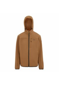 Chaqueta softshell marrón con capucha, cremallera frontal, bolsillo en el pecho y forro de forro polar dentro de la capucha, diseñada para uso al aire libre.