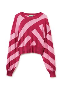 Rotes und hellrosa gestreiftes Cropped-Sweatshirt mit überschnittenen Schultern und geripptem Saum. Weiches Material, lockere Passform, lässiges Design.