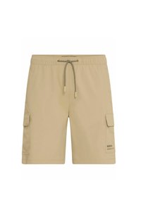 Beige cargo shorts with an elastic waistband, adjustable drawstring, side pockets, and a subtle logo near the hem. Smooth texture.
