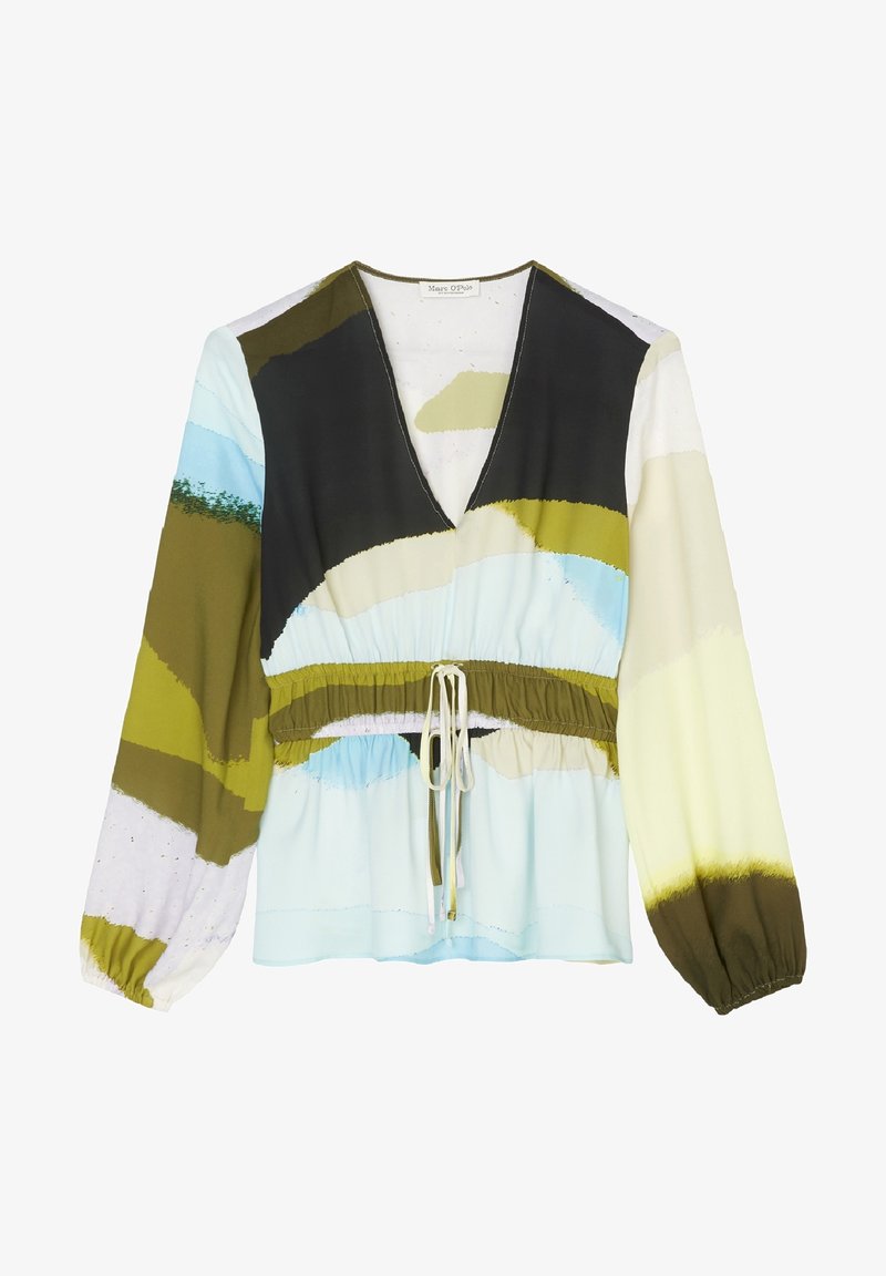 Mehrfarbige Bluse mit V-Ausschnitt, langen Ballonärmeln und elastischem Bund. Sie zeigt Farbtöne von Grün, Blau und Schwarz mit einer weichen Textur.